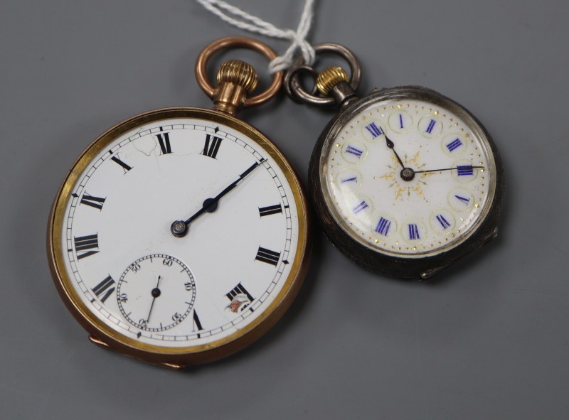 A 1920s 9ct gold pocket watch (a.f.), gross 53.5 grams and a 935 white metal cased fob watch.